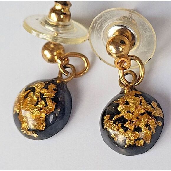 Handcrafted Gold Flakes in Resin Stud Dangle Earrings Surgical Steel Posts 0.8" - Picture 1 of 4